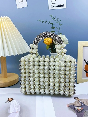 Handmade Beaded Handbag Acrylic Artificial Pearl Woven Square Bag Vintage Elegant Evening Tote For Women