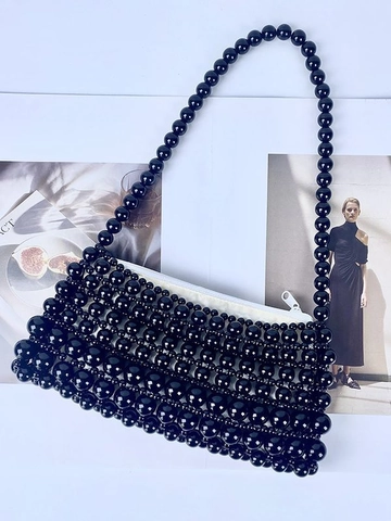 Borsa a Spalla Vintage con Perline Fatte a Mano per Donna Catena Stile Perla Borsa a Mano Intrecciata Elegante Sottobraccio