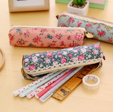Estuche De Tela Con Flores Vintage Con Ribete De Encaje Y Cremallera De Metal Bolsa De Almacenamiento Para Estudiantes