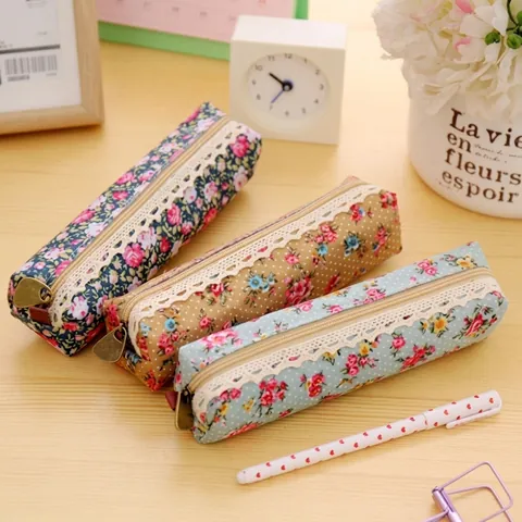 Estuche De Tela Con Flores Vintage Con Ribete De Encaje Y Cremallera De Metal Bolsa De Almacenamiento Para Estudiantes