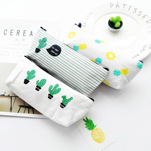 Cute Canvas Pencil Case Large Capacity Zipper Stationery Bag Fresh Fruit Animal Pattern Pencil Pouch For School Students Office Supplies