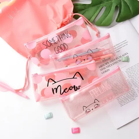 Süße Rosa Katzen Federtasche Transparentes PVC Große Kapazität Schreibwaren Organizer Tasche Für Schule