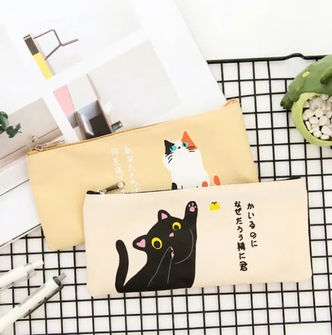 Cartoon Kat Canvas Etui Grote Capaciteit Rits Briefpapier Organizer Tas Student School Kantoor Schattig