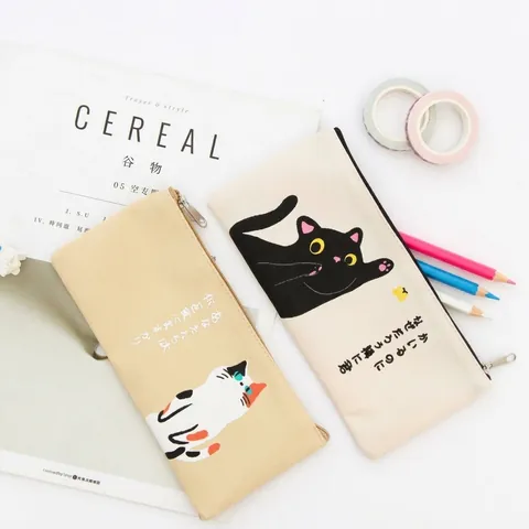 Cartoon Kat Canvas Etui Grote Capaciteit Rits Briefpapier Organizer Tas Student School Kantoor Schattig