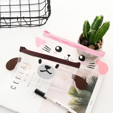Kawaii Transparente PVC Federtasche Cartoon Tierausdruck Reißverschluss Wasserdicht Schreibwarentasche Tragbare Studenten