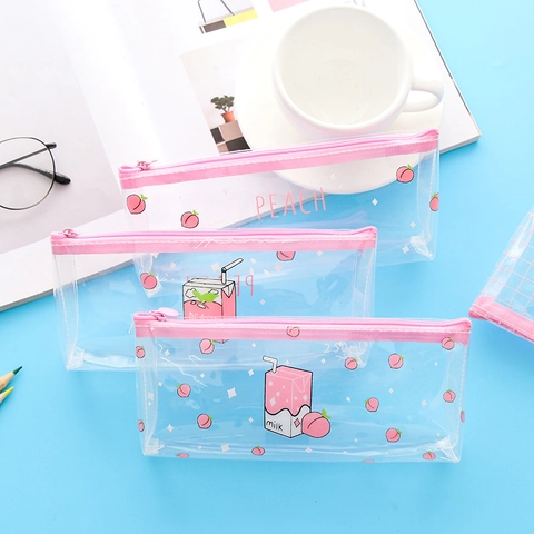 Grote Capaciteit Transparante PVC Etui Leuke Perzik Melkpak Cartoon Fruit Briefpapier Tas Voor School Kantoor Studenten Meisjes