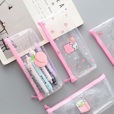 Grote Capaciteit Transparante PVC Etui Leuke Perzik Melkpak Cartoon Fruit Briefpapier Tas Voor School Kantoor Studenten Meisjes