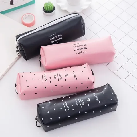 PU Leather Pencil Case Simple Letter Dots Waterproof Zipper Large Capacity Stationery Bag For Students School Office