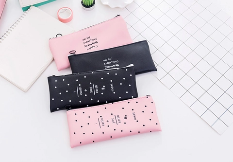 PU Leather Pencil Case Simple Letter Dots Waterproof Zipper Large Capacity Stationery Bag For Students School Office