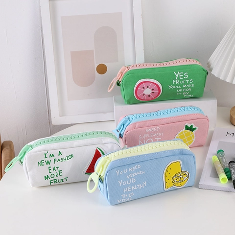Canvas Pencil Case Fruit Dog Theme Large Chunky Zipper Stationery Pouch School Student Office Desktop Storage Organiser