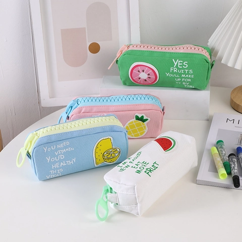 Canvas Pencil Case Fruit Dog Theme Large Chunky Zipper Stationery Pouch School Student Office Desktop Storage Organiser