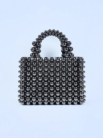 Handmade Woven Beaded Handbag For Women Graphite Metallic Luster Small Square Acrylic Bead Tote Daily Fashion Party Purse
