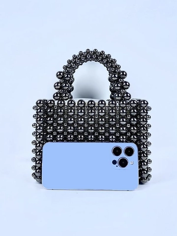 Handmade Woven Beaded Handbag For Women Graphite Metallic Luster Small Square Acrylic Bead Tote Daily Fashion Party Purse