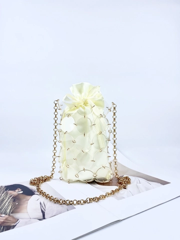 Mini Umhängetasche Für Damen Acrylscheibe Metallring Gewebte Kette Schultertasche Mit Satin Kordelzugbeutel Stilvoll