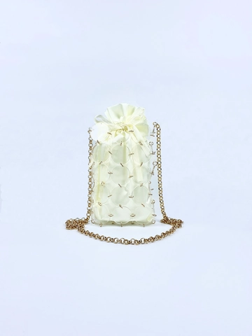 Mini Umhängetasche Für Damen Acrylscheibe Metallring Gewebte Kette Schultertasche Mit Satin Kordelzugbeutel Stilvoll