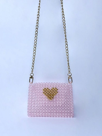 Handmade Beaded Shoulder Bag Acrylic Beads Gold Heart Decor Sweet Princess Style Mini Crossbody Bag With Metal Chain Strap
