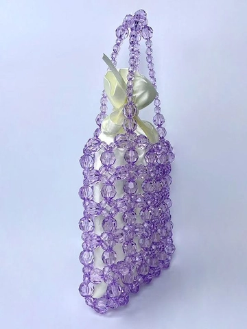 Bolso De Mano Con Cuentas De Cristal Acrílico Púrpura Bolso Tejido A Mano Con Bolsa Interior De Satén Estilo Dulce