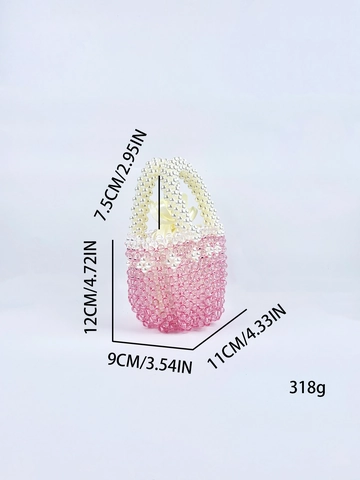 Hand-Woven Beaded Handbag Acrylic Faux Artificial Pearl Gradient Pink Mini Tote Bag With Satin Drawstring Pouch For Women Elegant