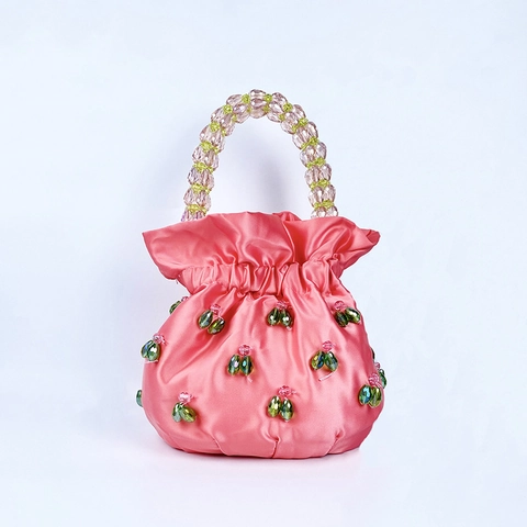 Satin Kordelzug Handtasche Damen Handgeperlt Blumen Schmetterling Eimer Abendtasche Kristall Perlen Griff Nische
