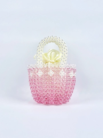 Hand-Woven Beaded Handbag Acrylic Faux Artificial Pearl Gradient Pink Mini Tote Bag With Satin Drawstring Pouch For Women Elegant