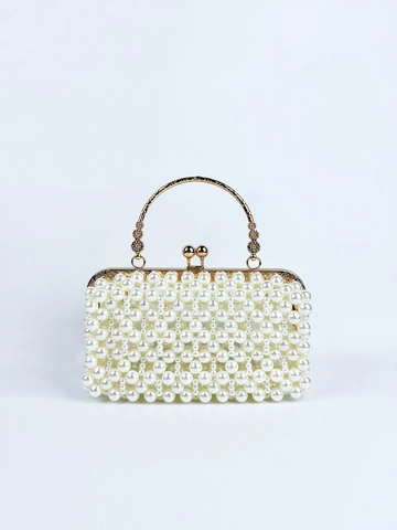 Artificial Pearl Evening Clutch Bag Handcrafted Woven Handbag With Gold Metal Handle For Wedding Party Elegant Banquet Women