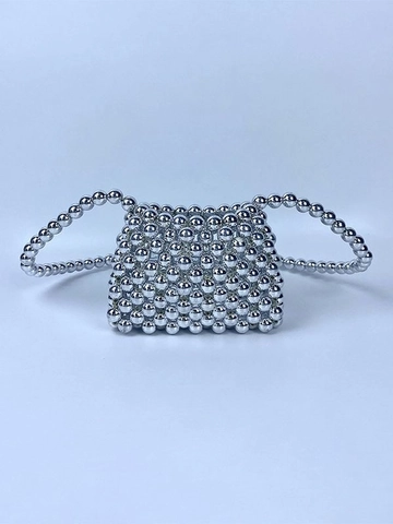 Handmade Woven Silver Metallic Beaded Mini Bag Elegant Crossbody Shoulder Handbag For Women Evening Party Accessories