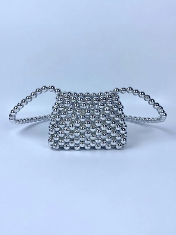 Handmade Woven Silver Metallic Beaded Mini Bag Elegant Crossbody Shoulder Handbag For Women Evening Party Accessories