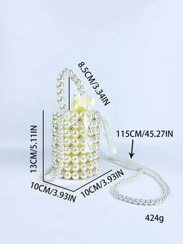 Handmade Beaded Artificial Pearl Bucket Bag With Satin Drawstring Lining Crossbody Handbag Vintage Elegant For Women