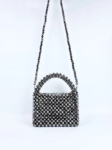 Retro Handmade Acrylic Beaded Handbag For Women Metallic Grey Faceted Beads Crossbody Bag With Chain Strap Evening Clutch