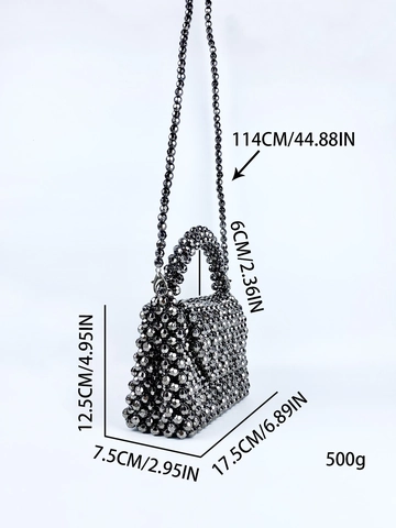 Retro Handmade Acrylic Beaded Handbag For Women Metallic Grey Faceted Beads Crossbody Bag With Chain Strap Evening Clutch