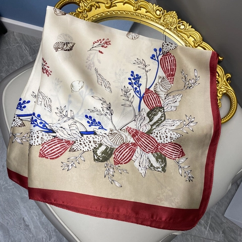 Printed Square Scarf Satin Like Polyester Elegant Floral Shell Pattern Neck Head Scarf For Women Vintage Fashion