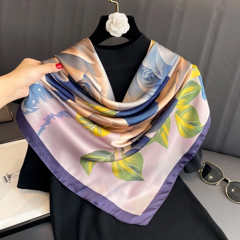 Large Square Satin Scarf Floral Print Elegant Hijab Headscarf Vintage Sunscreen Shawl For Women Fashion Accessories