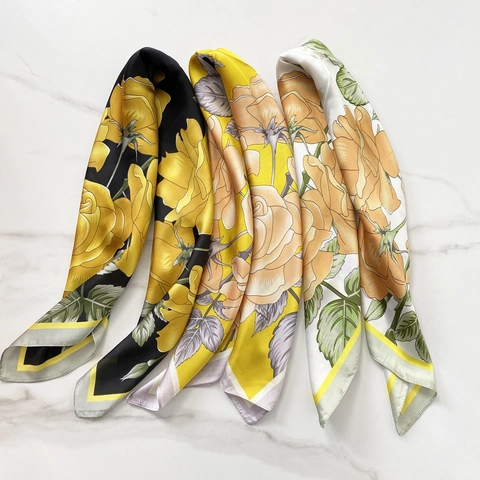 Foulard Quadrato Moda Raso Artificiale Stampa Floreale Rosa Sciarpa Collo Testa Elegante Accessorio Per Donna