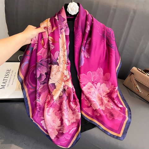 Large Square Scarf Satin Satin Like Floral Print Sunscreen Shawl Headscarf Vintage Elegant Accessories For Women