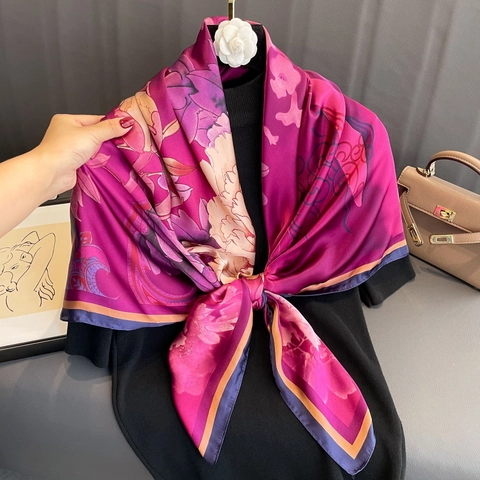 Large Square Scarf Satin Satin Like Floral Print Sunscreen Shawl Headscarf Vintage Elegant Accessories For Women