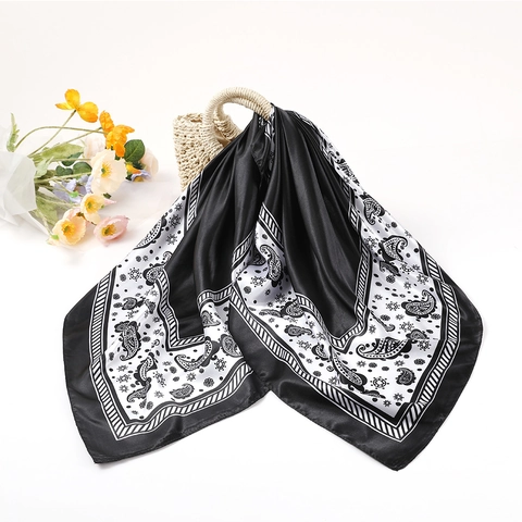 Grand Foulard Carré Imprimé Paisley Noir Et Blanc Imitation Satin Satin Lisse Châle Élégant Pour Femmes
