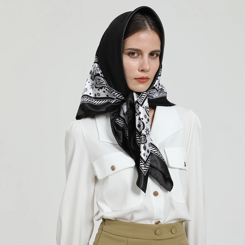 Grand Foulard Carré Imprimé Paisley Noir Et Blanc Imitation Satin Satin Lisse Châle Élégant Pour Femmes