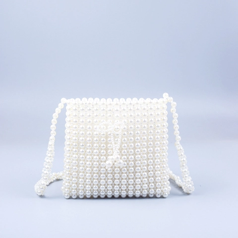 Handmade Beaded Crossbody Bag Artificial Pearl Woven Bow Elegant Shoulder Purse For Women Wedding Party Fashion White