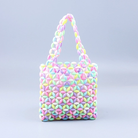 Beaded Handbag Acrylic Handmade Woven Macaron Colorful Floral Pattern Retro Sweet Style For Women