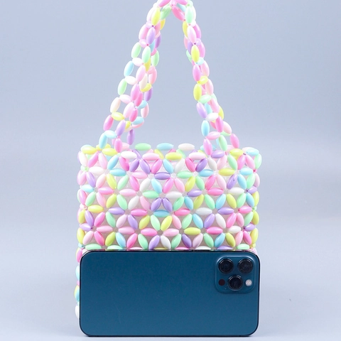 Beaded Handbag Acrylic Handmade Woven Macaron Colorful Floral Pattern Retro Sweet Style For Women