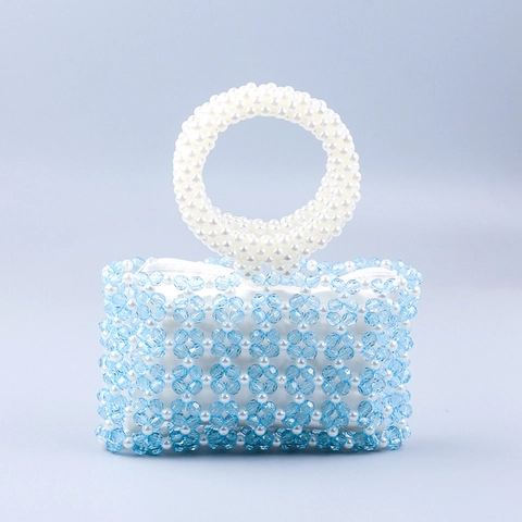 Bolso de Mano con Cuentas Hecho a Mano para Mujer Azul Blanco Perla Artificial Acrílico Calado Tejido Bolso con Asa Redonda Verano