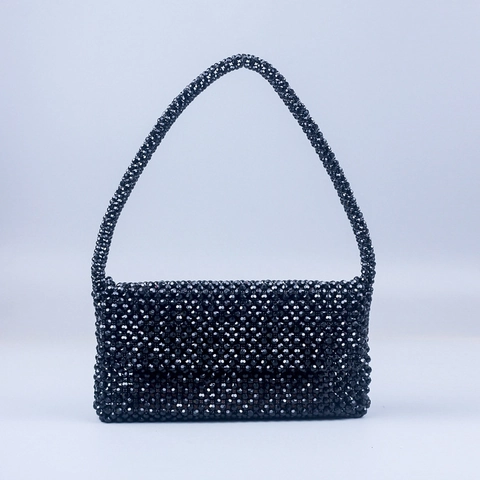 Damen Schwarze Perlen Schultertasche Handgefertigte Acrylperlen Gewebte Quadratische Klappe Retro Abendtasche
