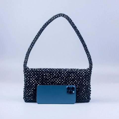 Damen Schwarze Perlen Schultertasche Handgefertigte Acrylperlen Gewebte Quadratische Klappe Retro Abendtasche