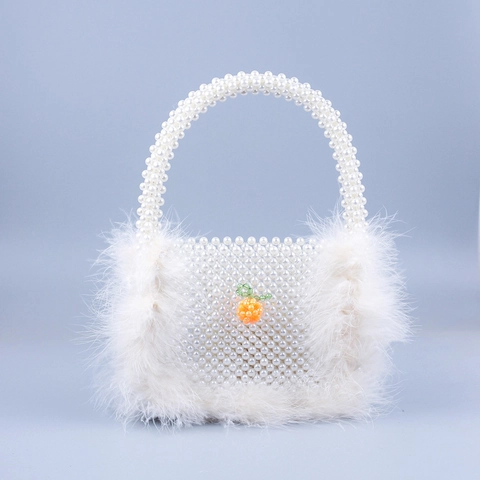 Handmade Artificial Pearl Beaded Handbag With Faux Feather Trim Orange Fruit Decor Elegant Evening Purse For Women Vintage Style