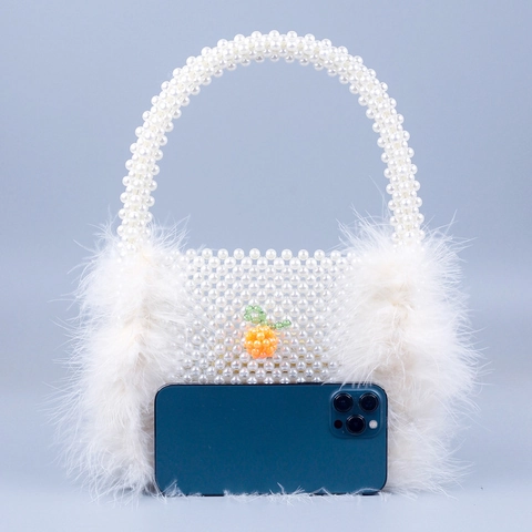 Handmade Artificial Pearl Beaded Handbag With Faux Feather Trim Orange Fruit Decor Elegant Evening Purse For Women Vintage Style