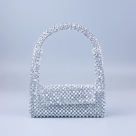 Silberne Handtasche Mit Acrylperlen Handgewebte Klappe Umhängetasche Abendparty Mode Streetwear Für Frauen