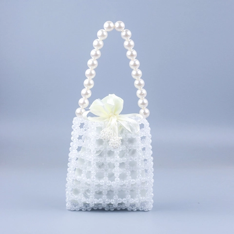 Handmade Acrylic Beaded Mini Handbag With Artificial Pearl Handle Woven Hollow Out Elegant Satin Pouch Women Sweet Style