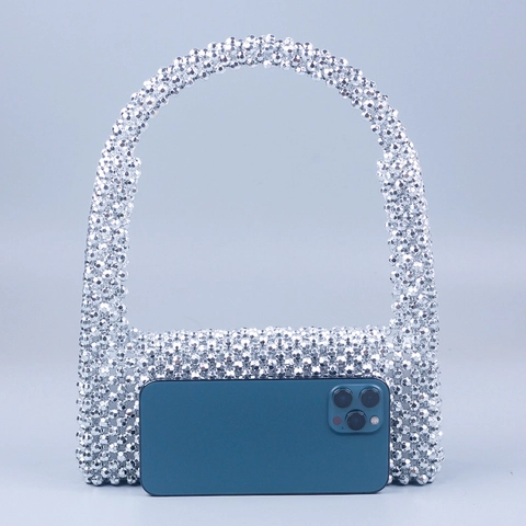 Silberne Handtasche Mit Acrylperlen Handgewebte Klappe Umhängetasche Abendparty Mode Streetwear Für Frauen