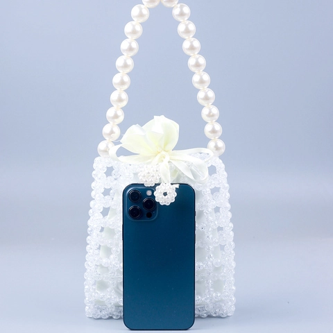 Handmade Acrylic Beaded Mini Handbag With Artificial Pearl Handle Woven Hollow Out Elegant Satin Pouch Women Sweet Style