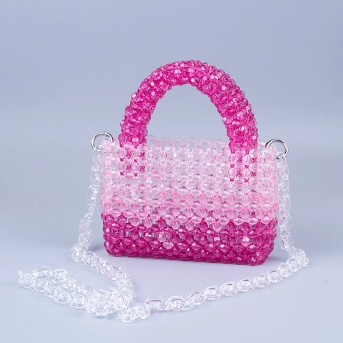 Handmade Acrylic Beaded Handbag Gradient Color Transparent Mini Bag With Detachable Chain Crossbody For Women